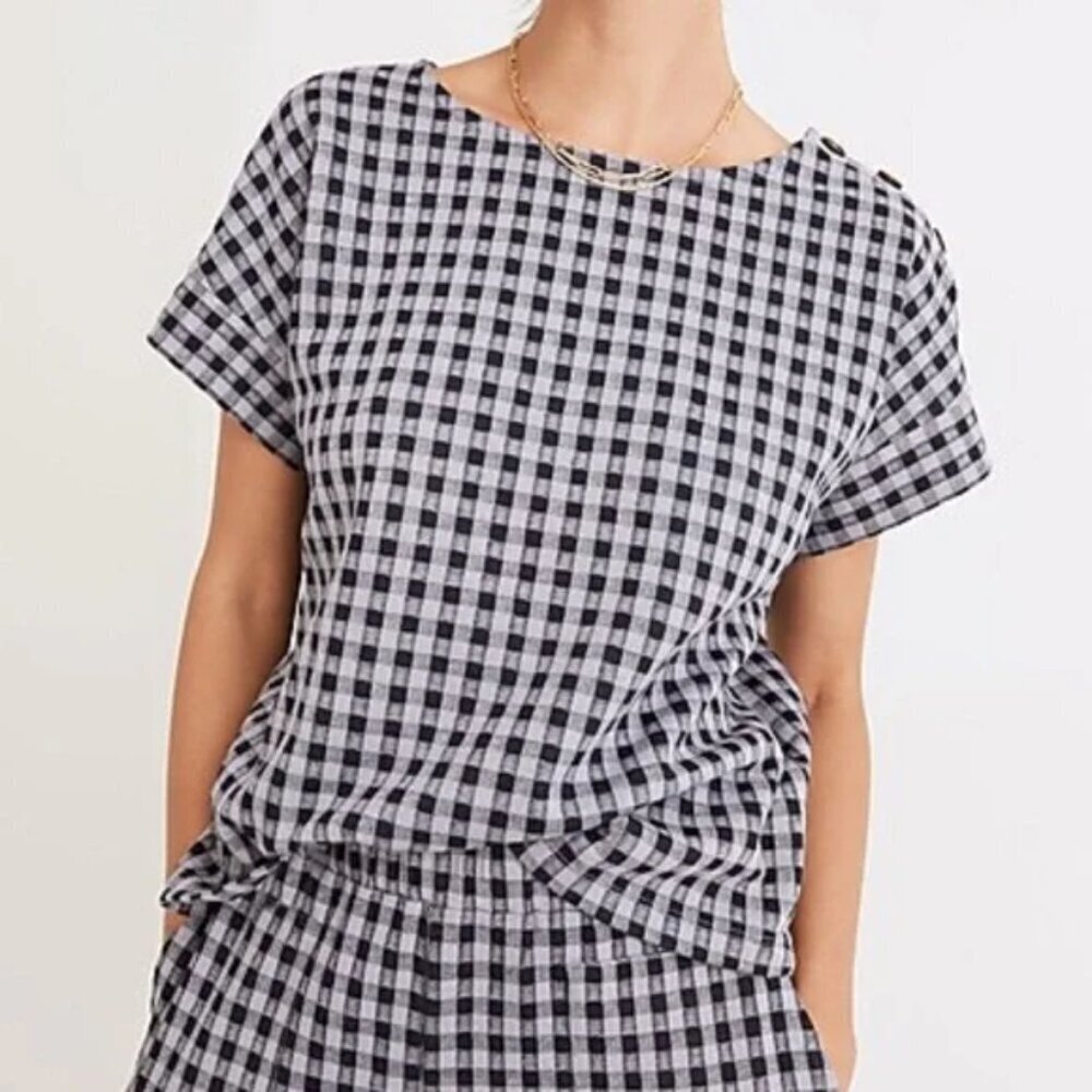 NWT Madewell Gingham Seersucker Knit Top Women's Size XL Blue Casual Boxy Fit